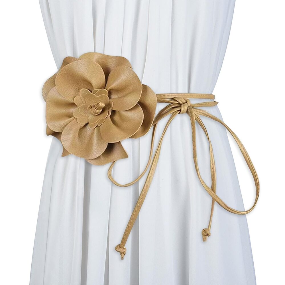 6263 Women Boho Pu Leather Big Flower Waist Belt Dresses Tie Bow Band